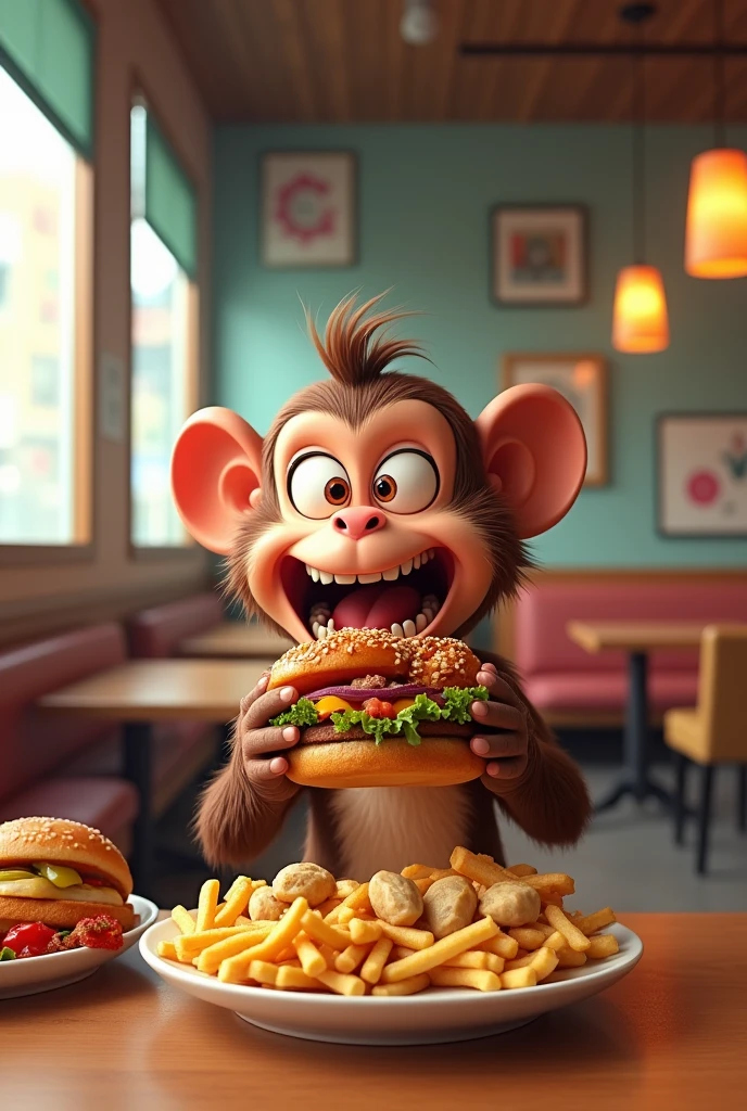 Funny monkey character eating chowmin burger momos fries in a restaurant and no one around him