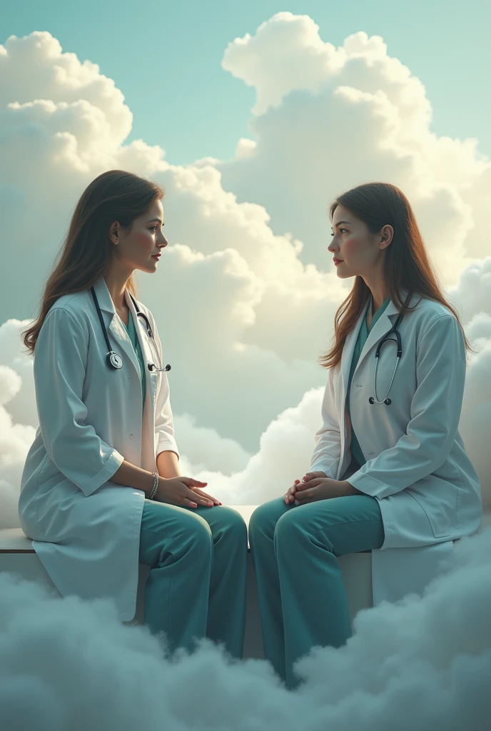 Two ladies doctor like original human seated in heaven in where cloud are present and talk with each other about his past sad life