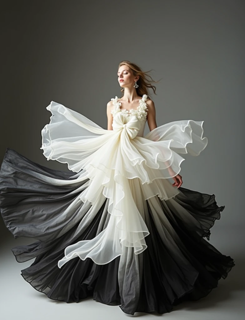 there is a black and white dress with a white bow on it, flowing fabric, black and white color aesthetic, flowing realistic fabric, black and white clothes, a still of an ethereal, black and white color, beautiful flowing fabric, slow motion fashion, white and black clothing, frilled blooming collar, frill, flowing dress, inspired by Hedi Xandt