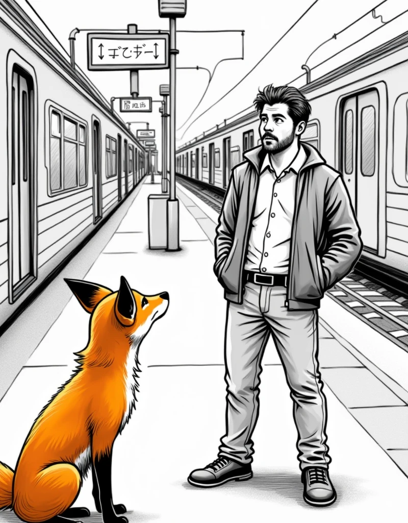 A black and white drawing of a man, surprised to see an orange fox at a train station, IN DRAWING STYLE  