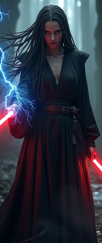 beautiful detailed woman with long dreadlocks wearing a black robe, dramatic lighting,glowing red lightsaber, a sinister and menacing look, using the power and create blue lighnitng from hand, (masterpiece:1.2),ultra-detailed,photorealistic,sci-fi,dramatic cinematic lighting,moody atmosphere,dark fantasy,high contrast,muted color palette, star wars, sith lord,