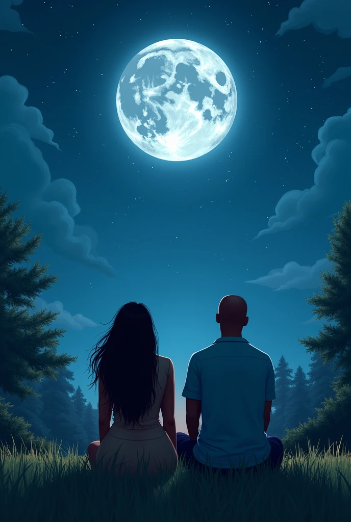 Fat long haired woman and Nigerian bald man sitting on the grass looking at the sky full moon and stars