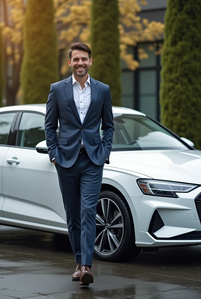 A smilling male person is staying in front of Audi A4 2011 white colour car as a owner of the car. The person have glorious smile. The image should be captured in the way that the full car side view is appeared from headlights to back side with balancing with sorrounding.