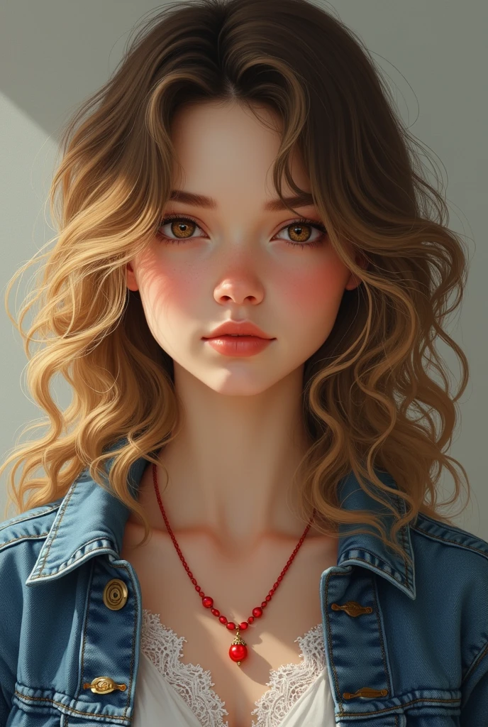 19 year old girl realistic curly hair blonde brown eyes, with a necklace with a red pearl, denim coat
