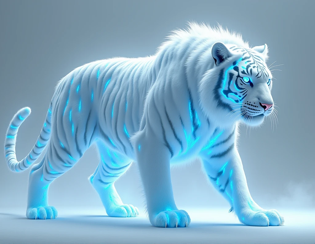 anatomically correct, masterpiece, super detail, 8k, spectral white with blue glowing markings feral tiger