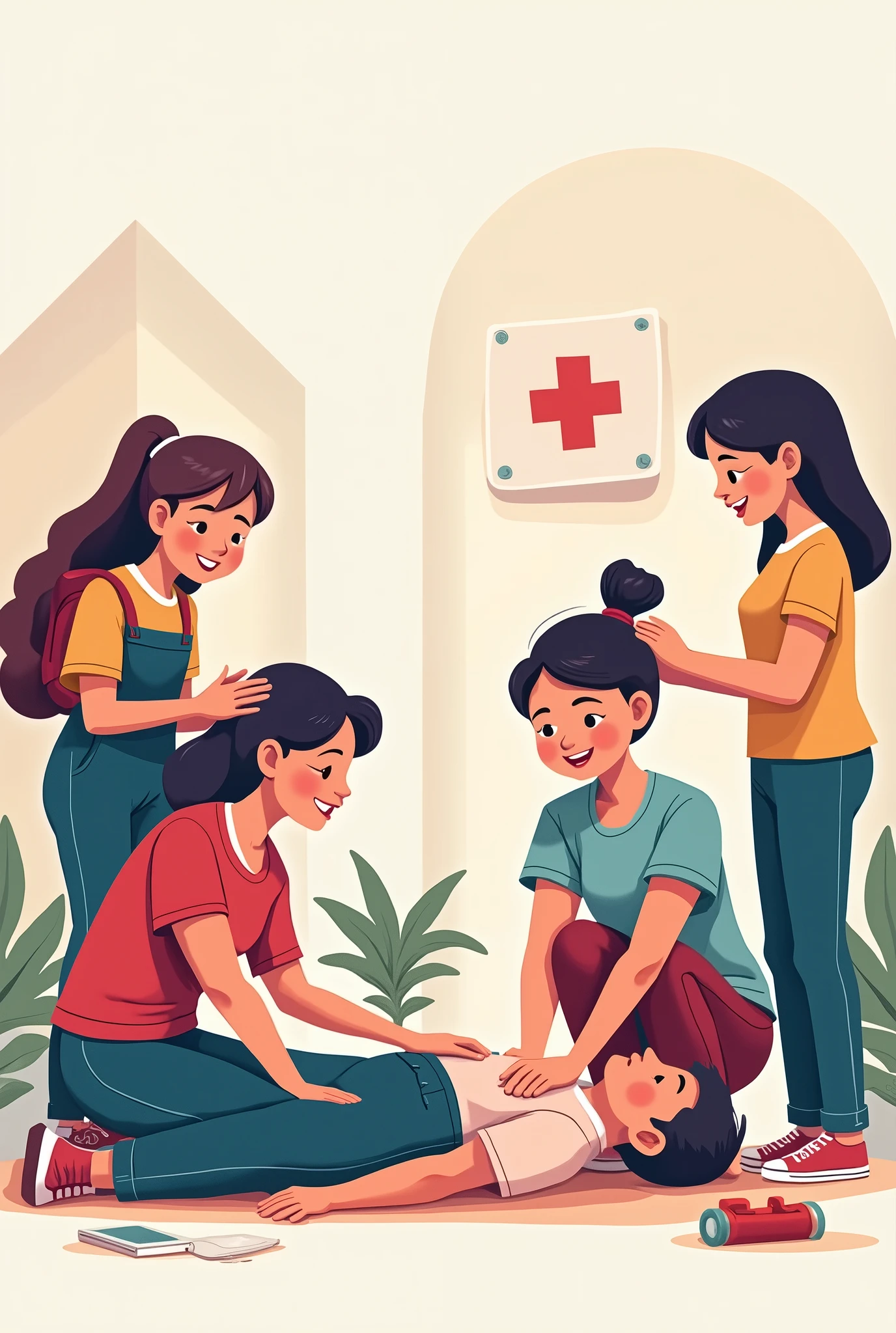 Show me the modern and vector illustration, with smooth, clean lines, and vibrant colors. The style is cartoonish but realistic., with friendly and varied expressions. The scene shows people performing first aid activities., with a minimalist background and elements related to the situation. People should be dressed casually and appropriately for a school environment.."