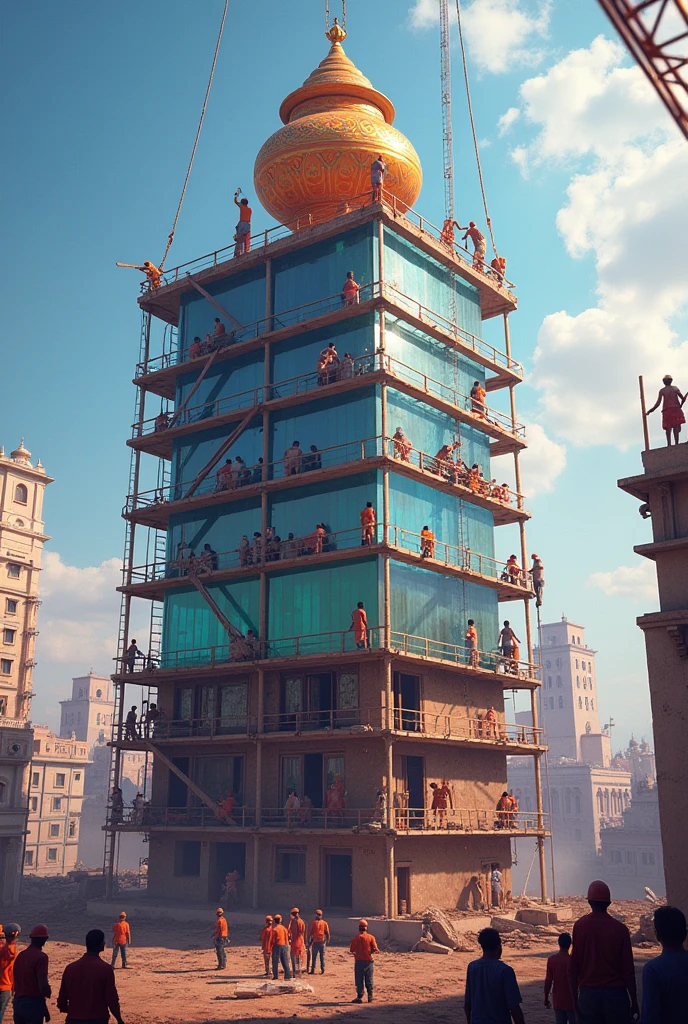 Square 30 floor building with dycrolic glasses, construction, workers working show clay pot pn top as dahi handi festival janmashtami beautiful background merge with atmosphere and festival of Janmashtami show workers doing team work and stepswith different heights working to complete tower