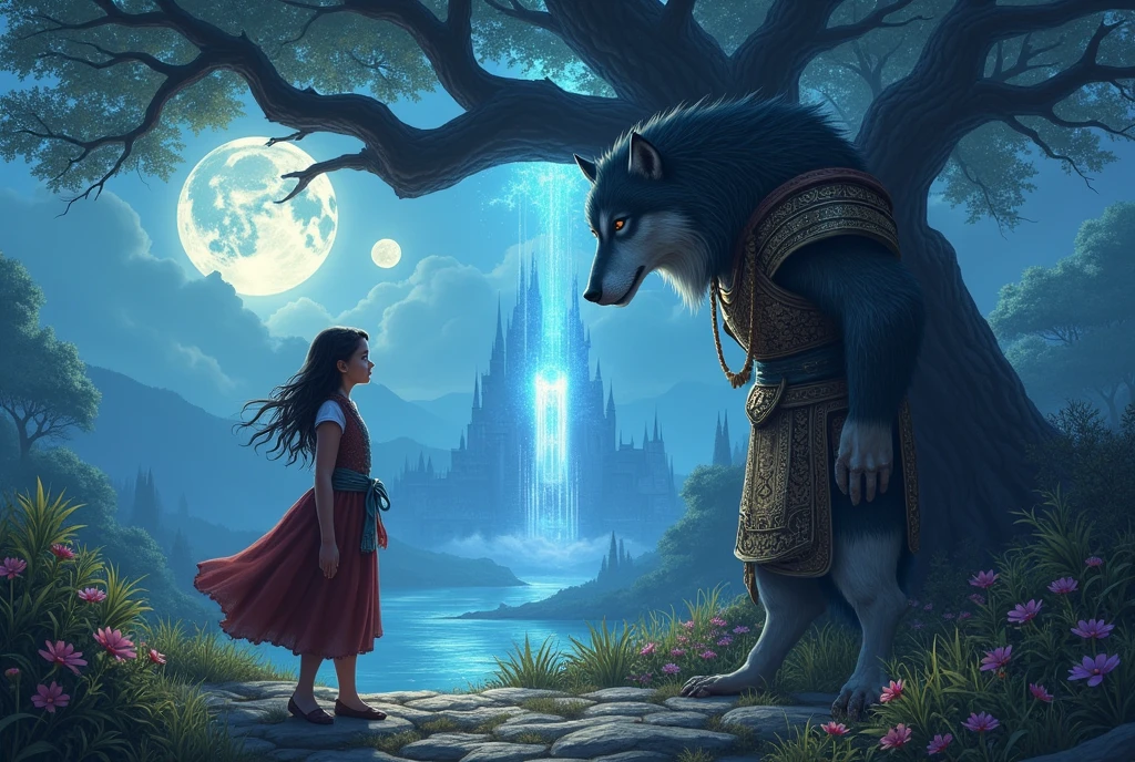 A girl who goes on an adventure in the moonlit land with a werewolf king dressed in an ancient warrior costume. There is a palace in this land and a dimensional gate under the roots of a giant tree. There are two moons in the sky. I want it to be a fantasy novel and a horizontal picture.