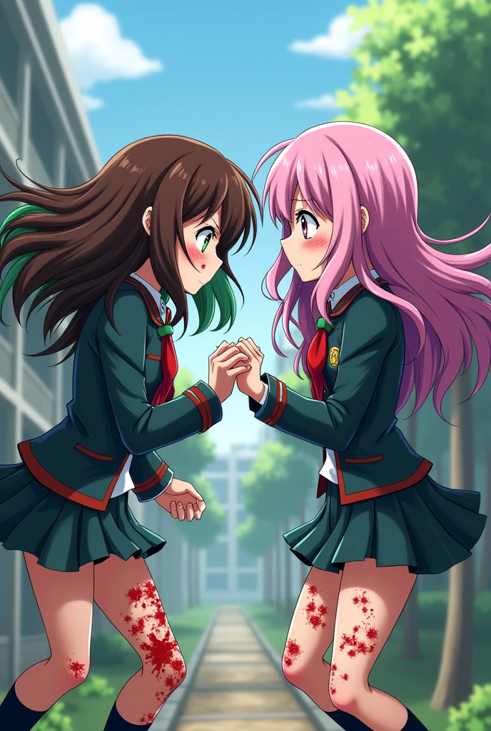 A brown-haired girl with green locks and green eyes in the MHA uniform scared and crying with wounds from fighting with a pink and purple-haired girl with wounds



