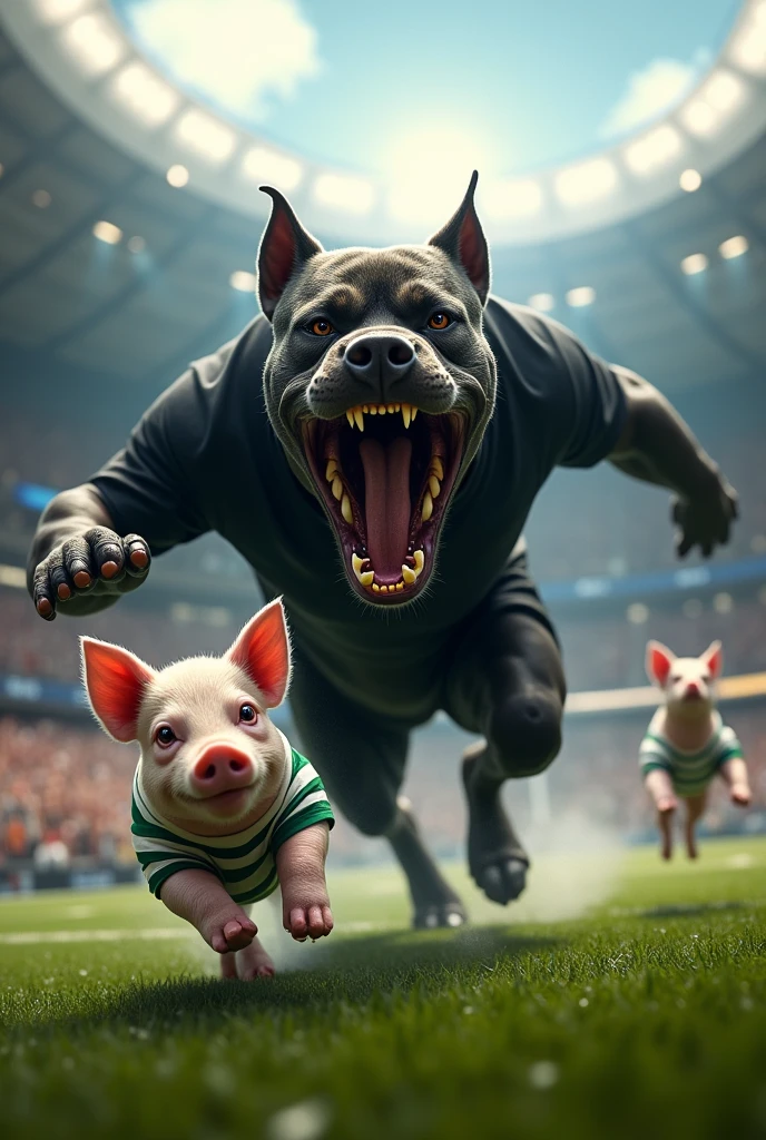 Angry and drooling black Pitbull dog wearing a black and white striped shirt chasing a pig wearing a white and green striped shirt in a football stadium 