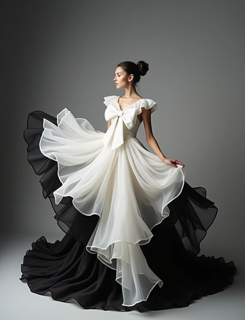 there is a black and white dress with a white bow on it, flowing fabric, black and white color aesthetic, flowing realistic fabric, black and white clothes, a still of an ethereal, black and white color, beautiful flowing fabric, slow motion fashion, white and black clothing, frilled blooming collar, frill, flowing dress, inspired by Hedi Xandt