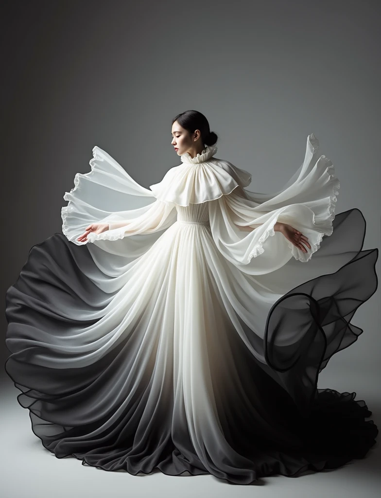 there is a black and white dress with a white bow on it, flowing fabric, black and white color aesthetic, flowing realistic fabric, black and white clothes, a still of an ethereal, black and white color, beautiful flowing fabric, slow motion fashion, white and black clothing, frilled blooming collar, frill, flowing dress, inspired by Hedi Xandt