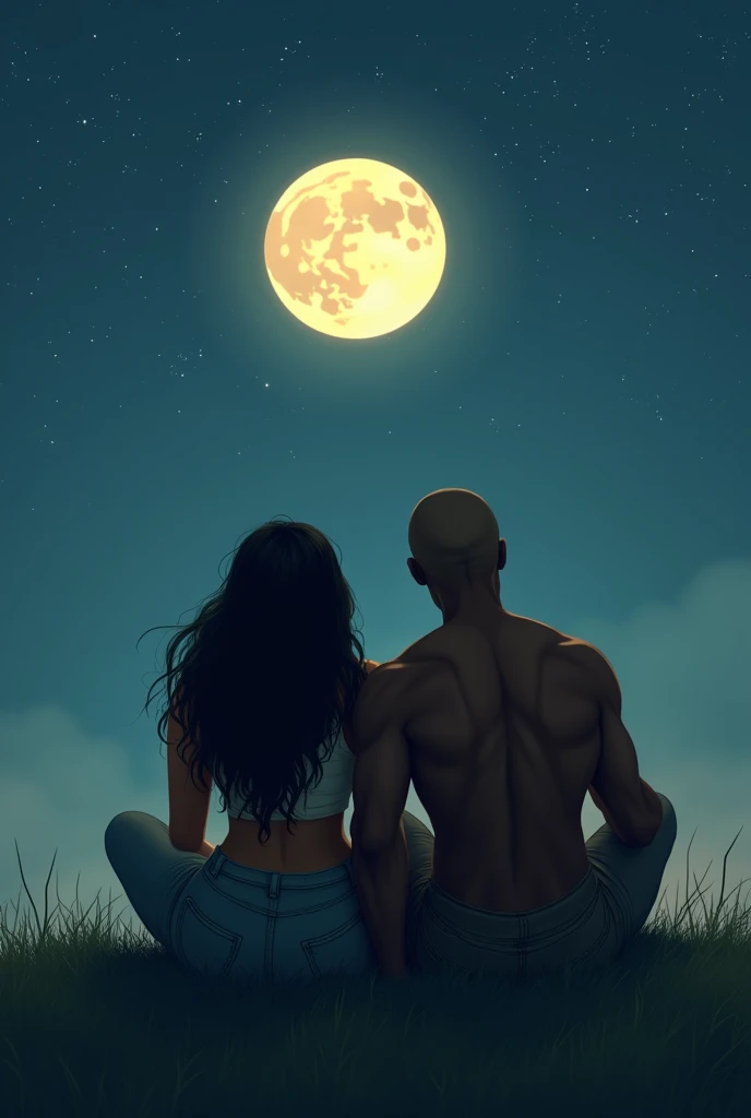 Fat chubby long haired woman and Nigerian  bald man sitting on the grass looking at the sky full moon and stars