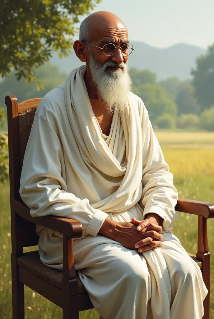 Mahatma with beard wearing white clothes sitting in a chair in open