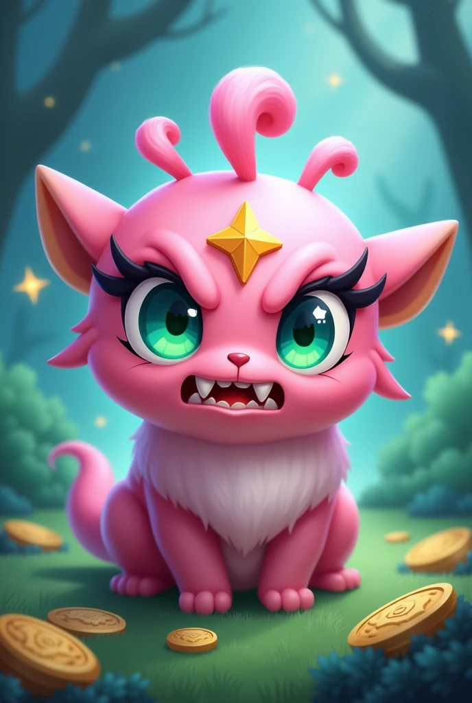 Circular bristle, small appearance, pastel pink color, large eyes, shiny and green gradient with blue, eyelashes, an angry expression with 2 small fangs, and 3 hairs on the head, pon bling, gold coins and gems, In the background put a green background with blue and stars, Make the design like the Brawl Stars characters