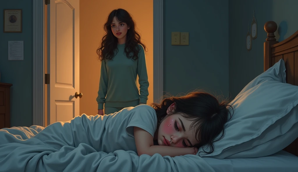 A mother stands in the doorway, looking at her daughter with a mix of concern and sympathy. The young girl is curled up on her bed, tightly clutching the edge of her blanket, with tear stains visible on her cheeks. The mother's expression shows worry and tenderness.