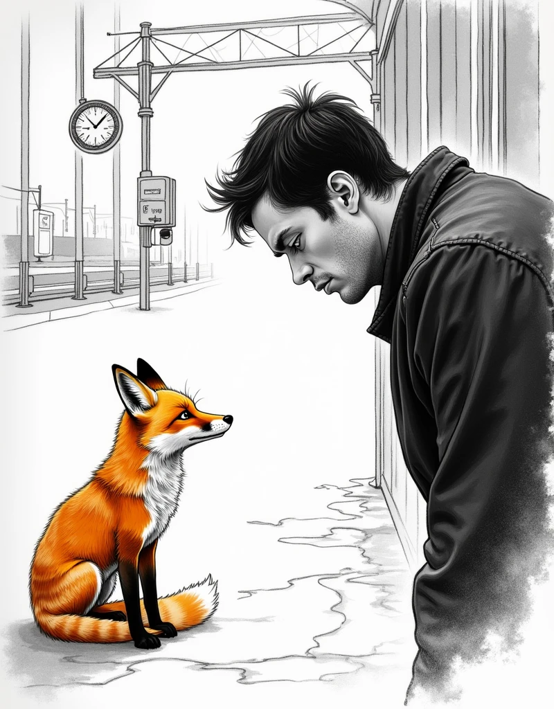 A black and white drawing of a man staring at an orange fox at a train station, IN DRAWING STYLE  