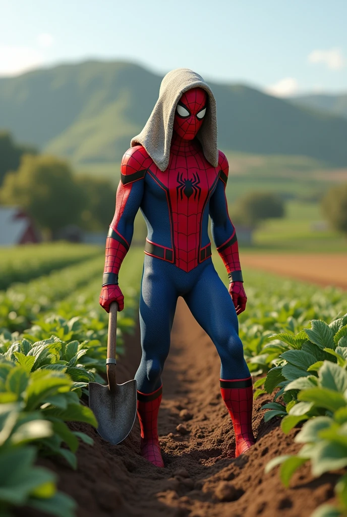 Spiderman is farming in the fields with a towel tied over his head and a spade in his hand.