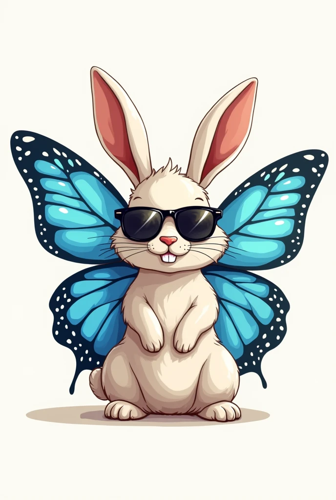 Simple art logo of a "rabbit with exotic blue dorsal butterfly wings, and wearing sunglasses"