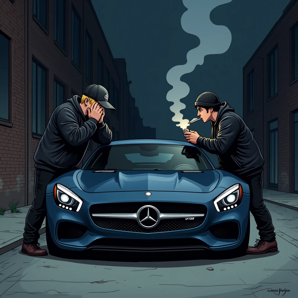 far front view of two guys standing and  leaning  on the left and right of the hood of a mercedes dark blue glossy sports car, empty dark city's street at night, buildings are abandonned with brick walls, one guy is blond with a trucker cap and hide his face with his hands, one have dark hair and a beanie with one small cigarette in his mouth and smoke in the air, both are dressed in black baggy clothes, mysterious atmoshpere, cartoon drawing