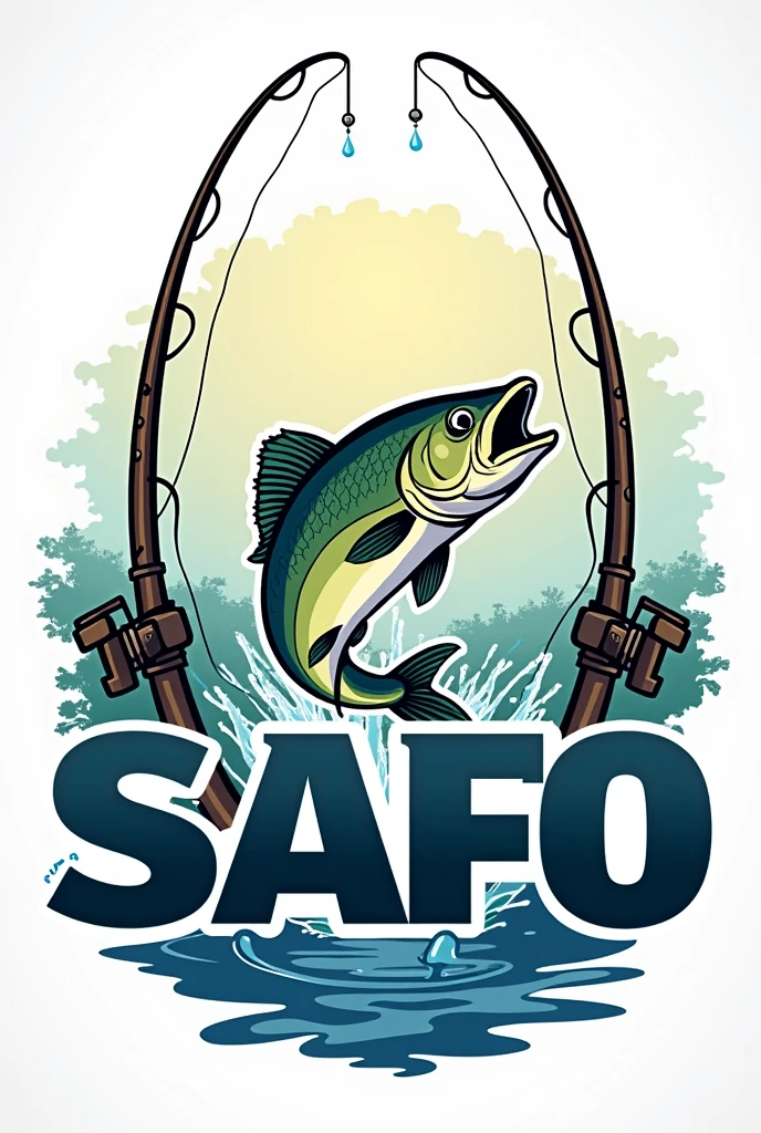 The logo of a South American fishing club with fishing rods and a fish jumping out of the water a fishing rod and the acronym SAFO