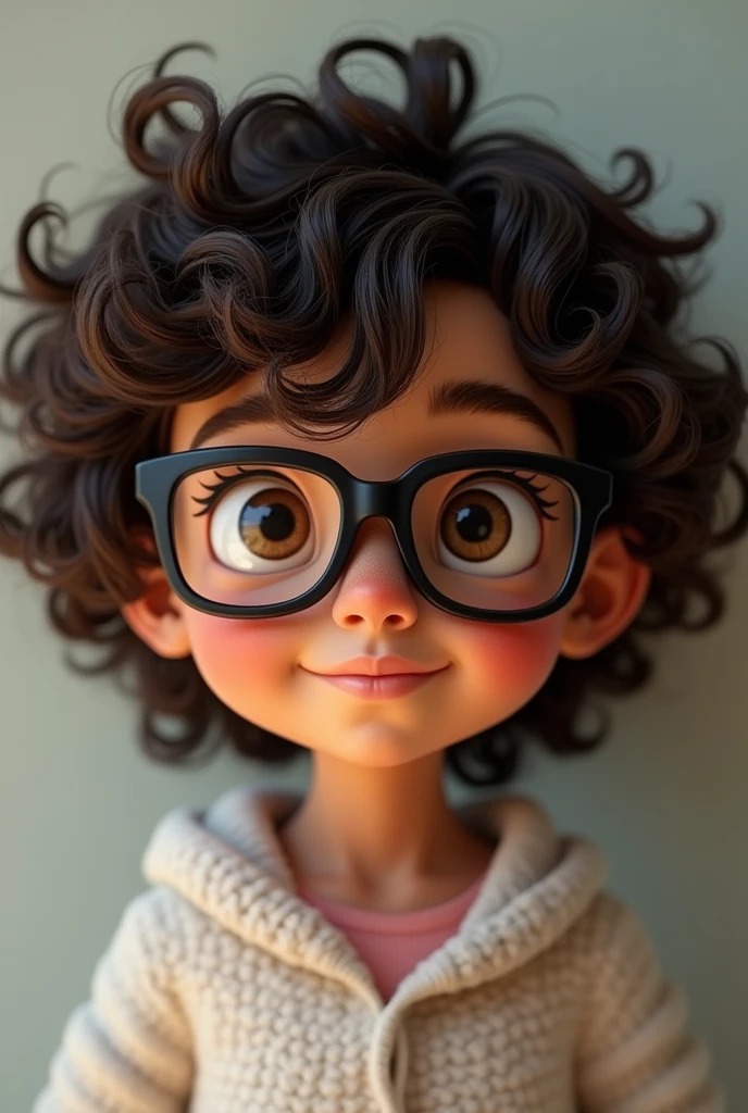 A TEN YEAR OLD with BIG hair,wavy, medium curly, dark brown, brown eyes, brown skin 1,50 tall wears black glasses