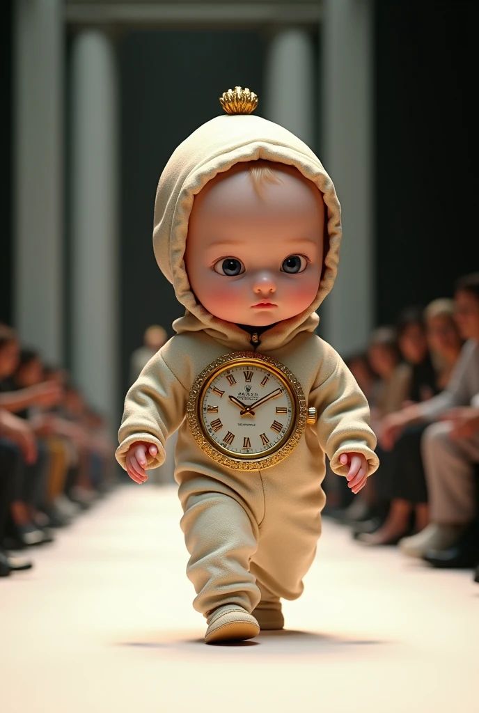 Newborn baby with very large head wearing a Rolex watch costume and hat in a realistic full body fashion show