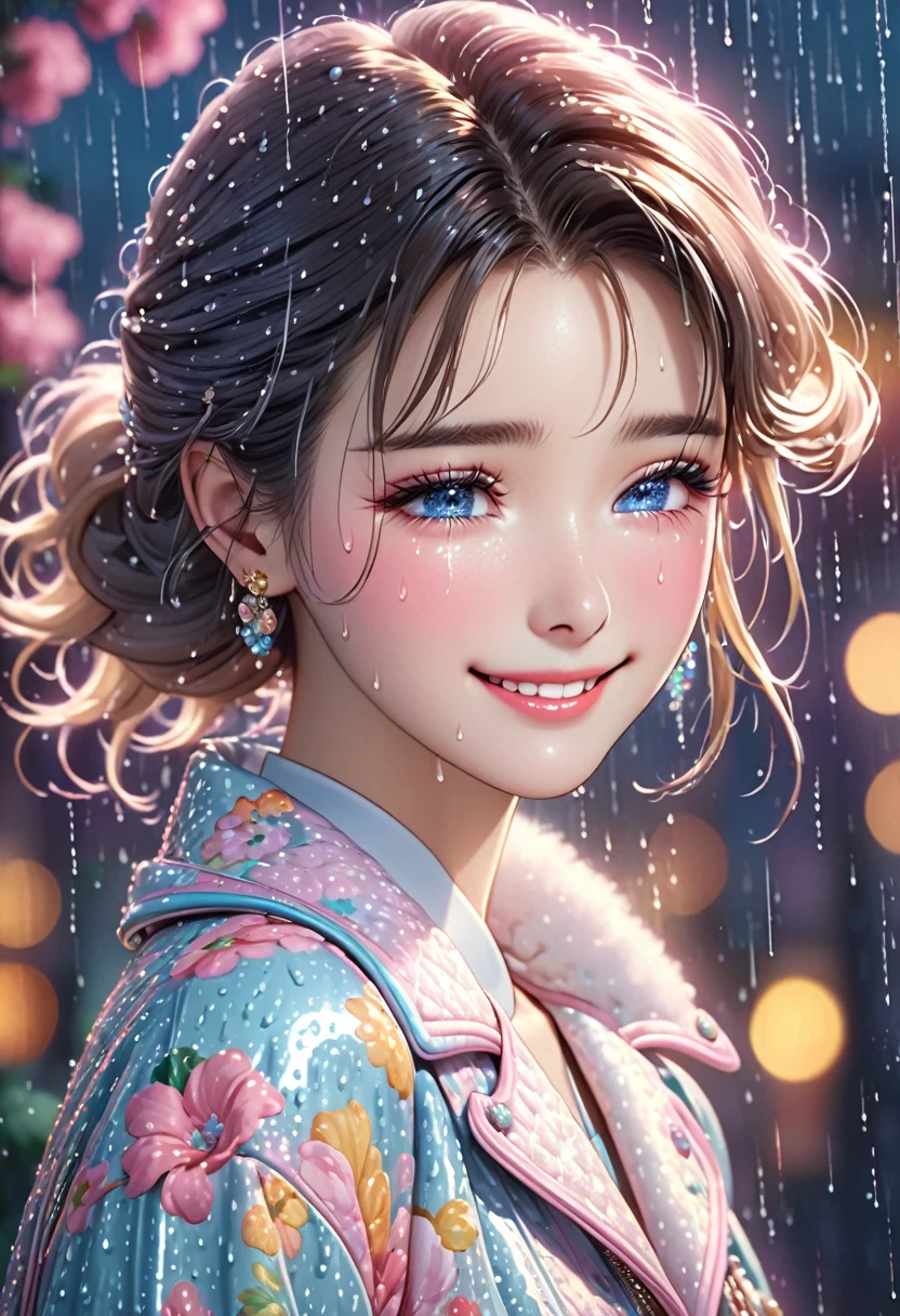 best quality, highres, ultra-detailed, realistic:1.37, vibrant colors, portrait, soft lighting, long eyelashes, sparkling eyes, glossy lips, detailed skin, retro pattern, pastel colors, ((smile while crying1.2)), ((shedding tears:1.8)),, sad look, dreamy atmosphere, elegant pose, nostalgic vibes, glittering highlights, flawless complexion, 80s style fashion, retro hairdo, pink blush, delicate features, diamond-like eyes,((rain squall:2.5)),((Dark city silhouette background:2.0))