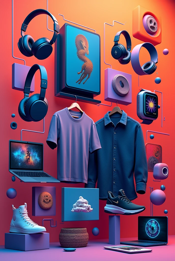 "Design a high-quality banner with dimensions 1800x600 for an online store named 'Mega Loja Mix'. The banner should be vibrant and visually engaging, showcasing the store’s diverse product range, including gadgets, headphones, smartwatches, clothing, and sneakers. Arrange high-resolution images of these products in a dynamic and stylish layout. Use bold, modern colors and sleek design elements to create a cohesive and attractive visual. Ensure the overall design is eye-catching and professionally polished, representing the variety and quality of products offered by 'Mega Loja Mix'."