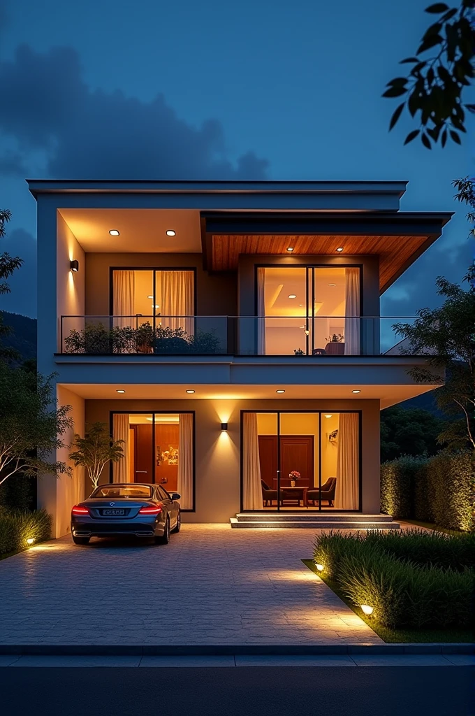 A luxurious bangalow in night view ith glowing by indoor and outdoor lights with the logo of KRS Electrical & Contractors with the name of business owner Er. KabirR. Sadule