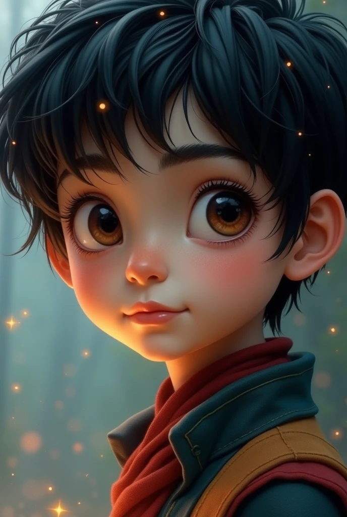 Generate a kid under he is wizard he has black hair.
Just face and neck