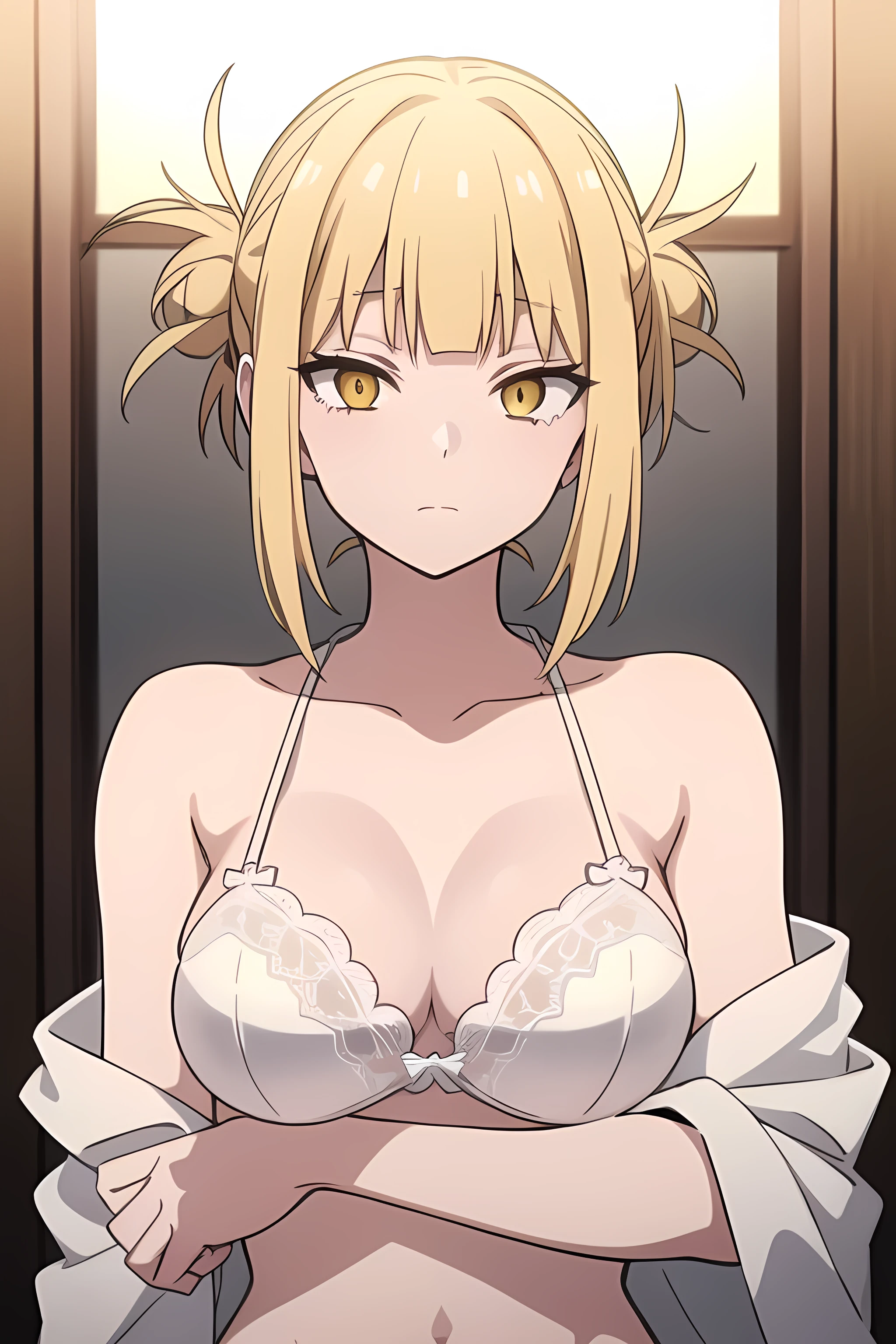 1girl, solo, female, blonde hair, yellow eyes, glowing eyes, toga himiko, white bra, white lace bra, upper body, no cloth, no clothing, only lingerie, white lace lingerie.