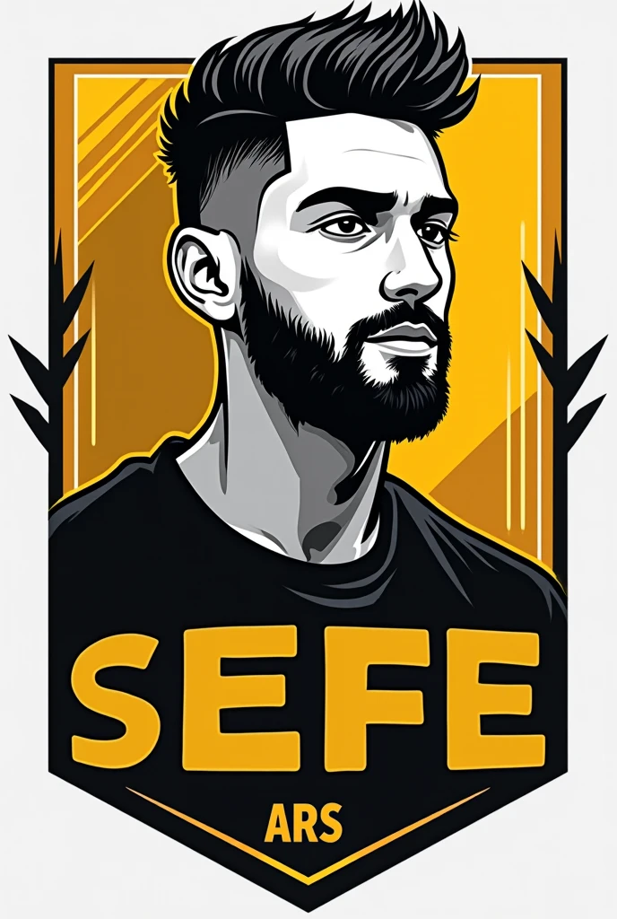 4k, logo for basketball coach named Sefe, short full beard white young man with short modern hairstyle, colours black and yellow write Aris