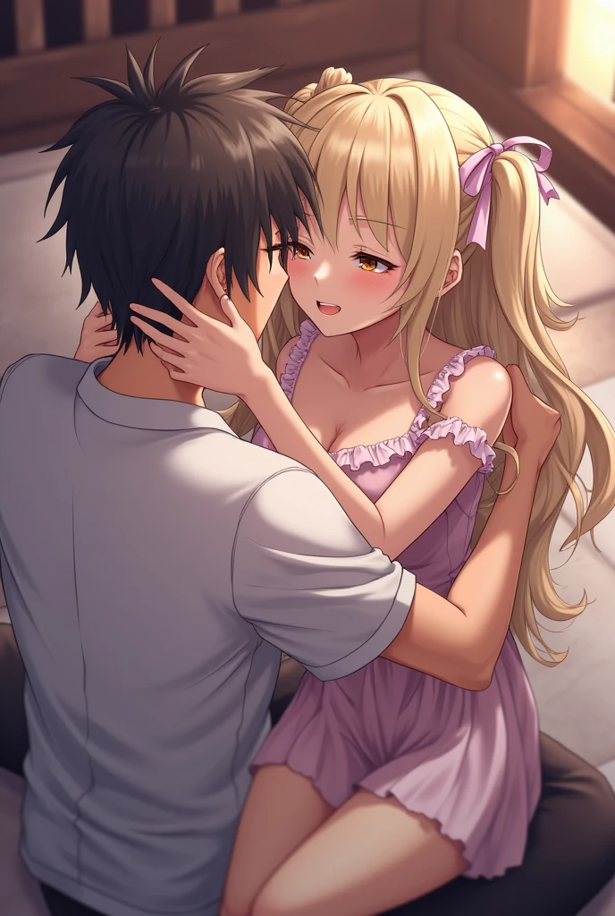 NSFW,((1 man and 1 woman,having sex)),(supright straddl),hug,from side,small breasts,blonde,hair above one eye,pink eyes,tights, ((magical girl costume)),Detached sleeves,beret,ribbon,Heart Pendant,earrings,(masterpiece,Highest image quality,best quality)