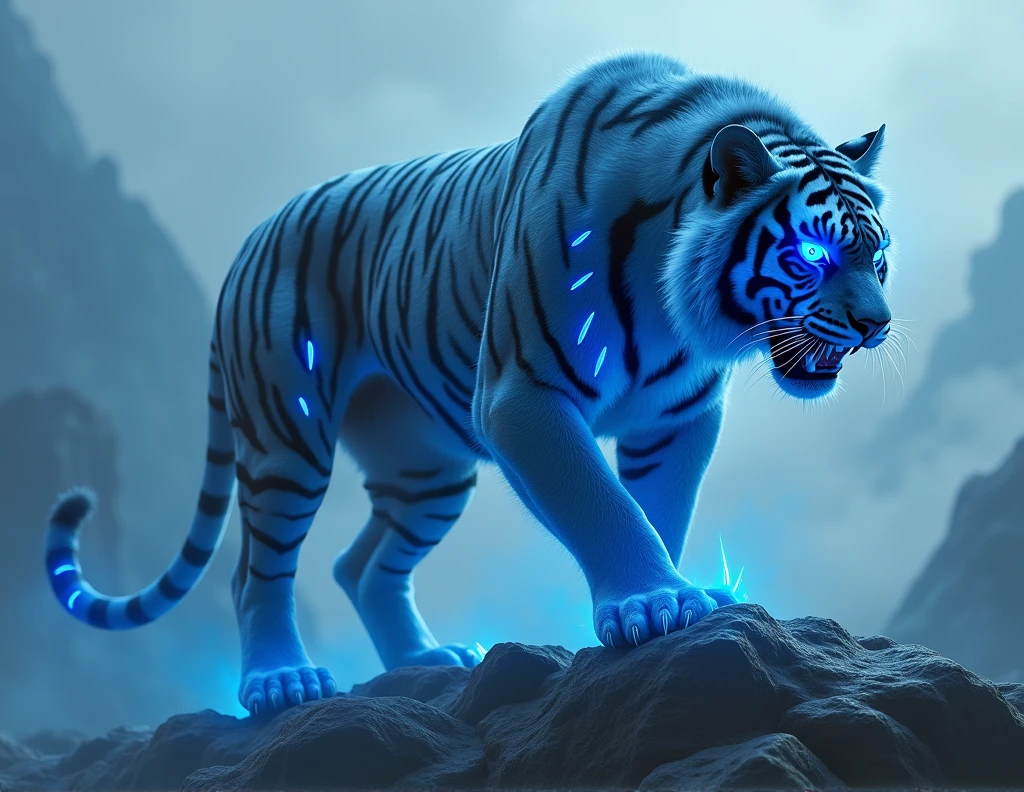 anatomically correct, masterpiece, super detail, 8k, spectral white with blue glowing markings feral tiger, clouded mountains