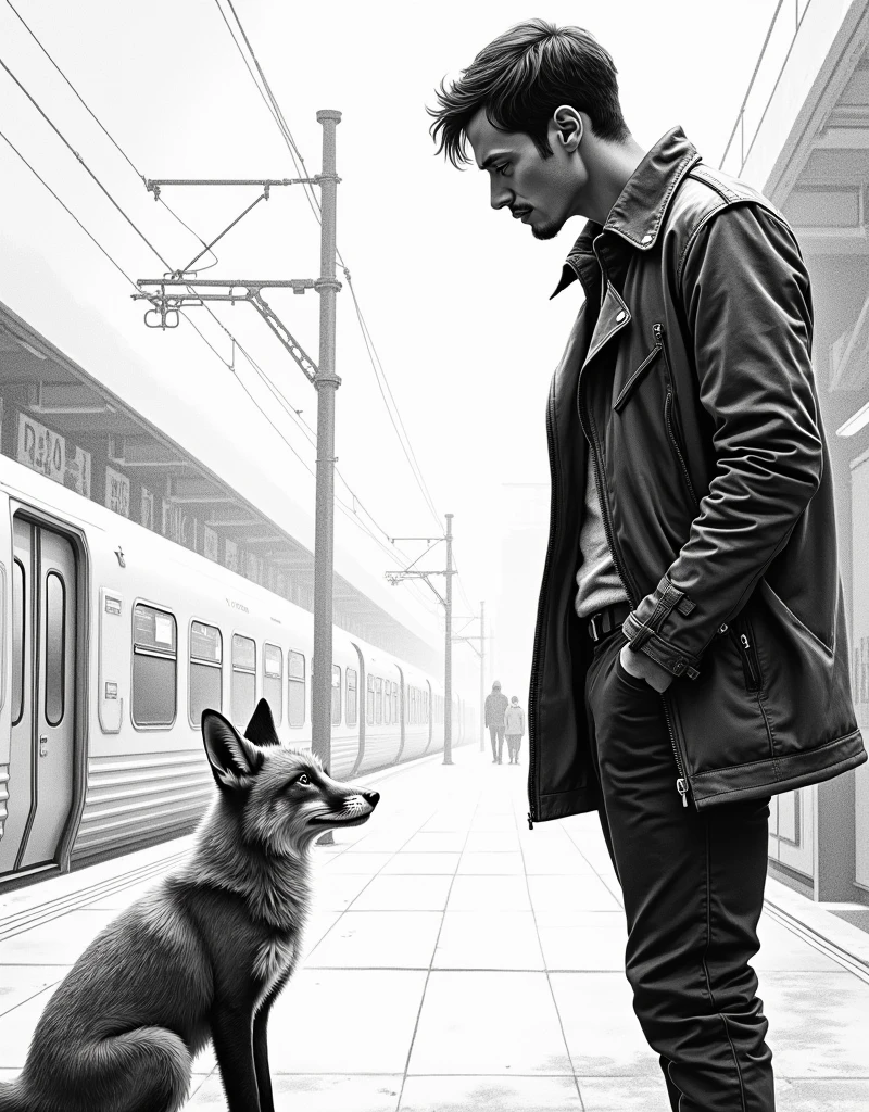 A black and white drawing of a man staring at an orange fox at a train station, IN DRAWING STYLE  