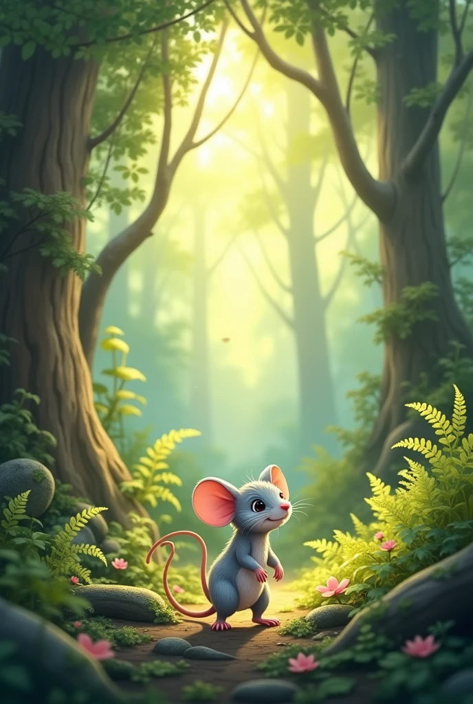 Create a picture of a little gray mouse in the forest