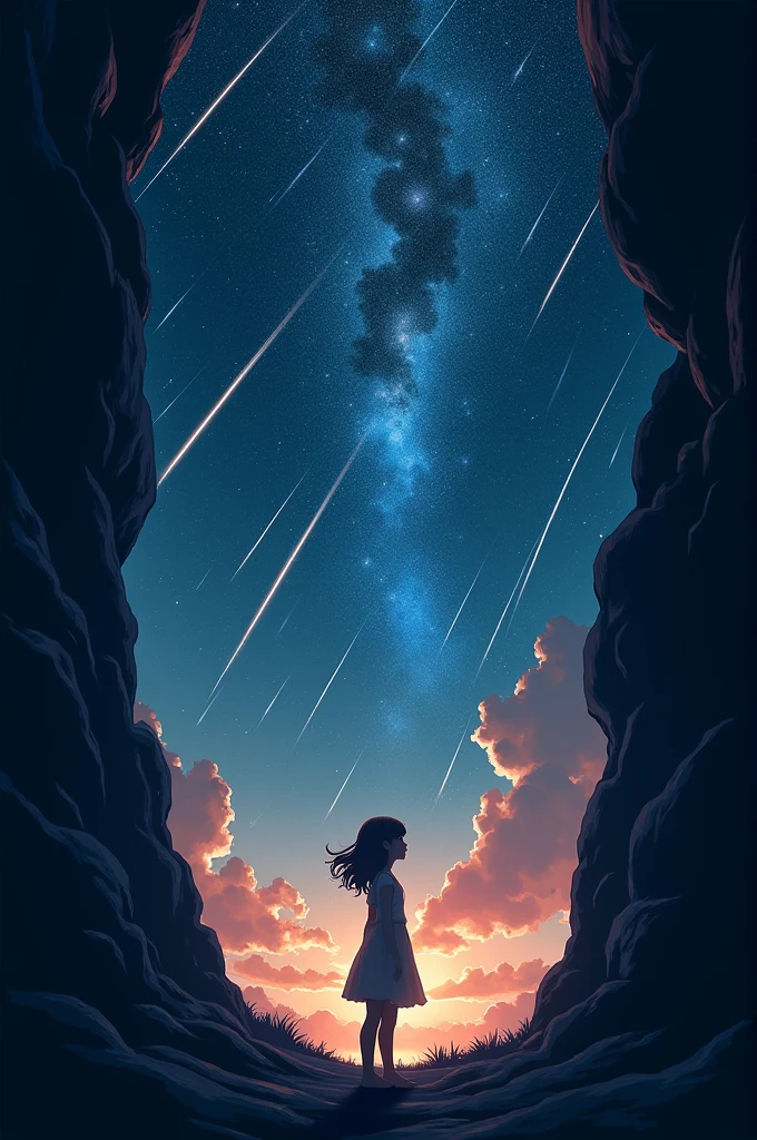Create a wallpaper of a skyscape in a crevice of shooting stars with the shadow of a girl,realist art