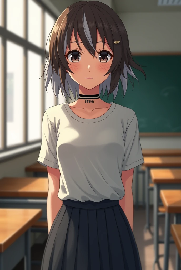 Girl with brown hair and gray streaks with stripe tattoo on her neck in class 1A of Boku no Hero