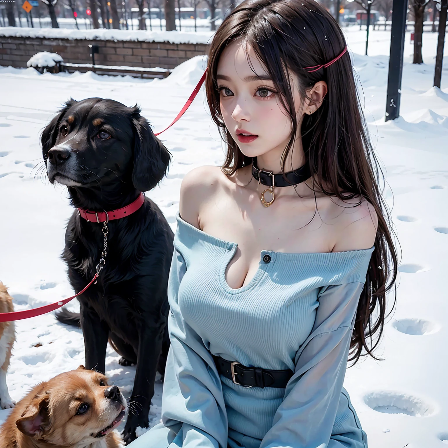 Shameful pose photography,Public Photography,(CUMSHOT,), beautiful Korean idol, (There is a meat column in the chest)。Big breasts girl 2,Snow,Off-shoulder,earphone,Collar,Dog leash tied around girl's neck,Crawling on all fours,Mecha COSPLAY,Off-shoulder, Soaked,CUM CUM in the chest