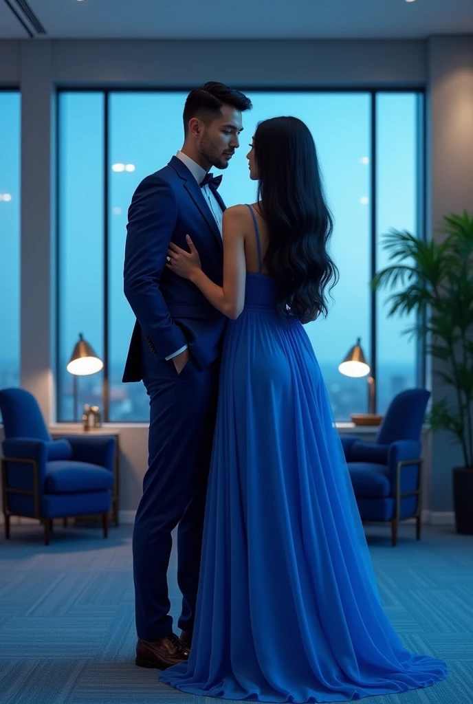 A woman with long black hair, wearing long blue clothes, with her husband wearing blue formal wear, in a high-end office, with item details in blue
