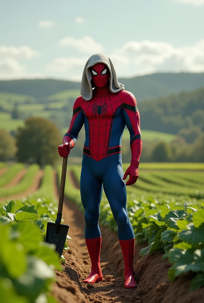 Spiderman is farming in the fields with a towel tied over his head and a spade in his hand.