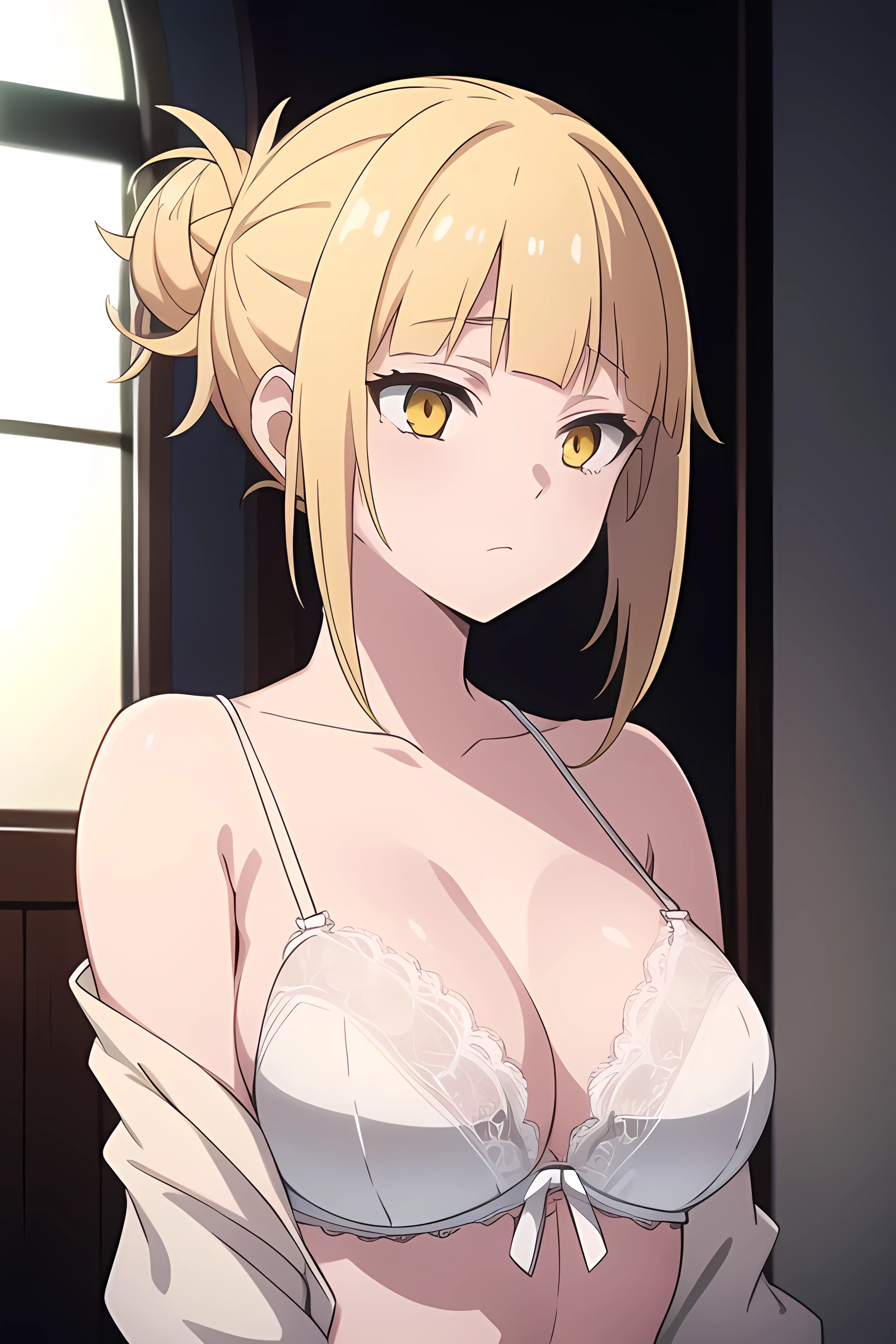 1girl, solo, female, blonde hair, yellow eyes, glowing eyes, toga himiko, white bra, white lace bra, upper body, no cloth, no clothing, only lingerie, white lace lingerie.