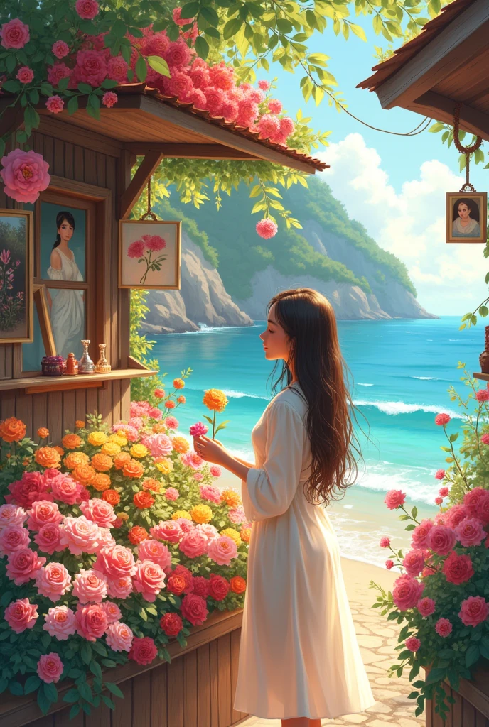 Near the sea, a small flower stall full of flowers, sunny day, next to the paintings, next to the portraits, a beautiful girl holding a flower