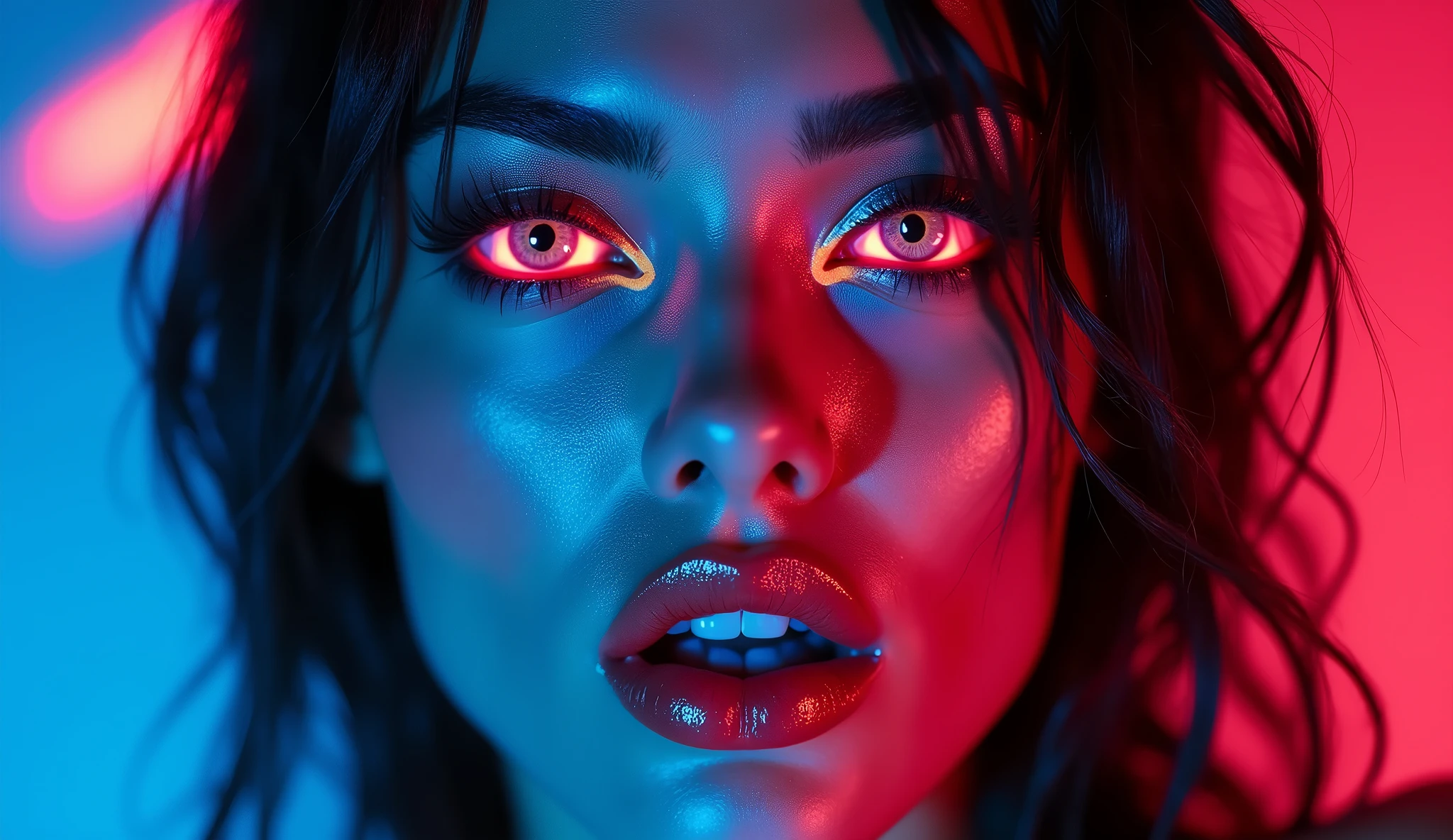 Sexy Angelina jolie face neon eyes neon tattoos sexy face portrait horny expression 