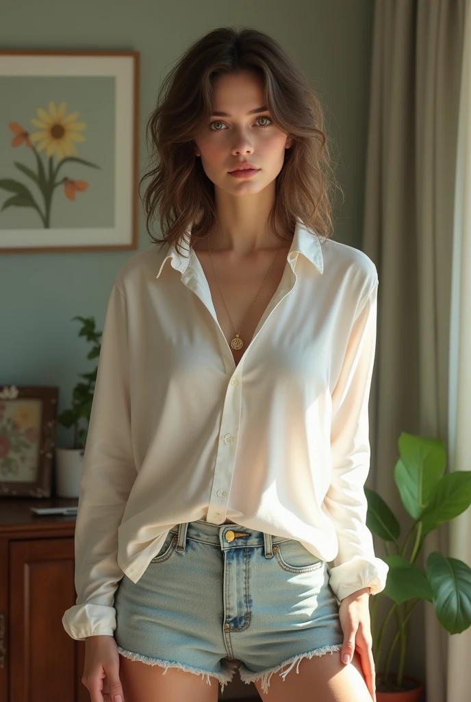 A beautiful girl, 1 person, 2, (caelee speany), green eyes, medium short hair, 3/4 body view, white shirt, mini skirt, at home, standing up 