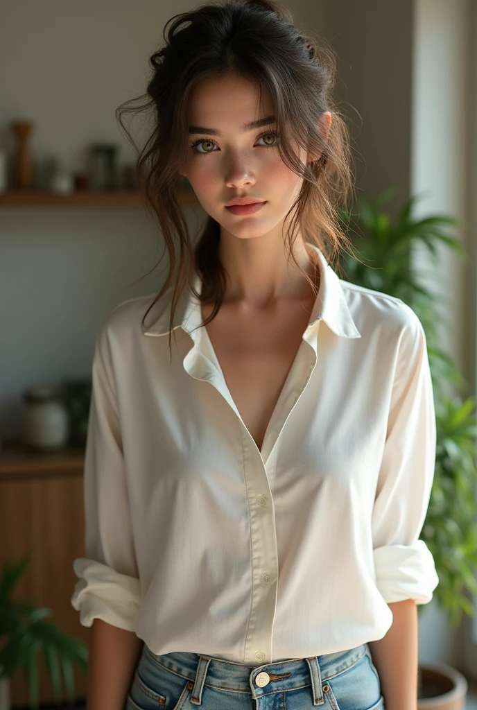 A beautiful girl, 1 person, 2, (caelee speany), green eyes, medium short hair, 3/4 body view, white shirt, mini skirt, at home, standing up