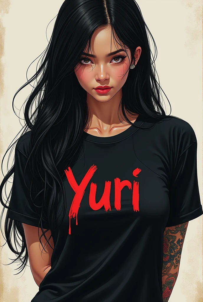 beautiful japense and hawaiian mixed girl, tattoo woman , wearing black t-shirt with Yuri written onit, blue jeans, long black hair,arms behind back, giving yakuza vibes, realistic, intricate details, hard colors