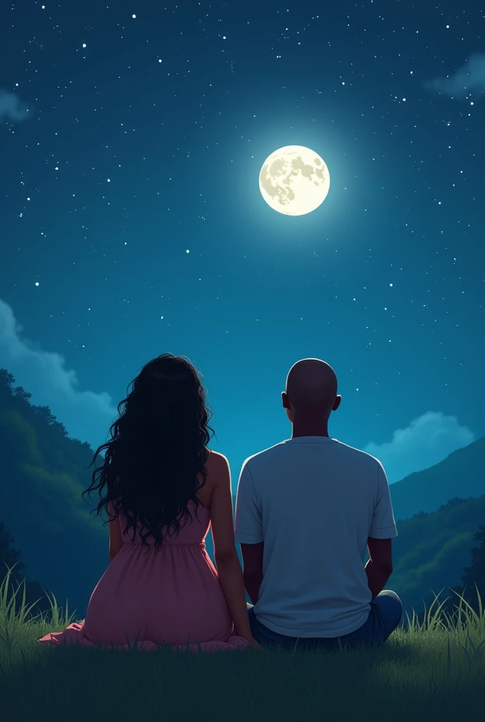 Fat  long haired woman and Nigerian  bald man sitting on the grass looking at the sky full moon and stars