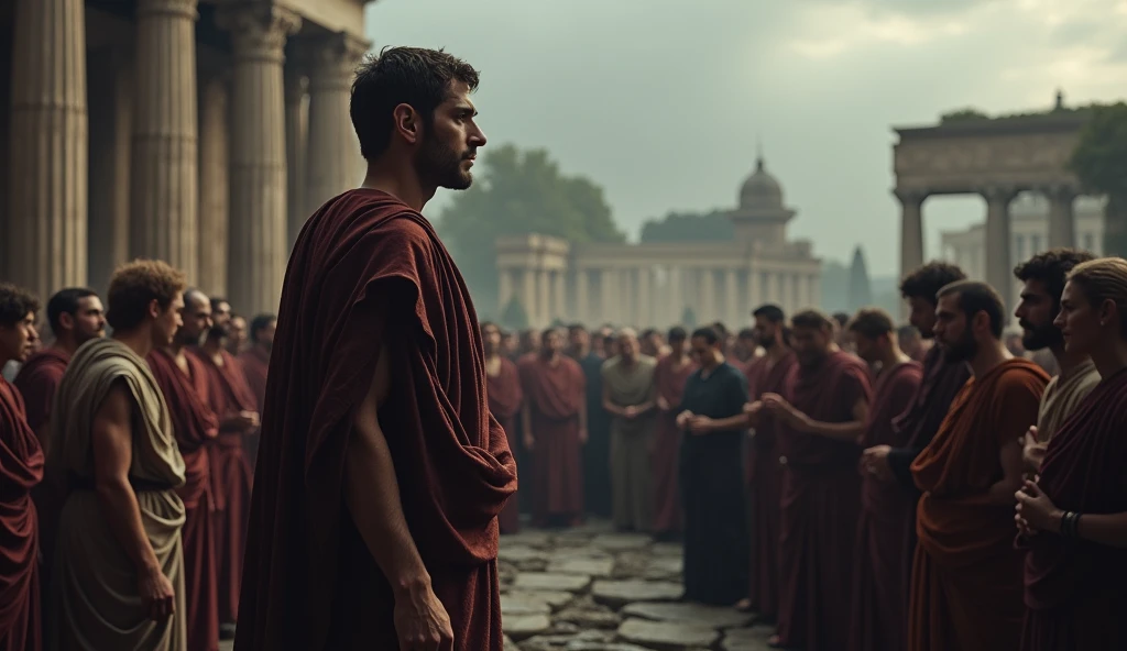 Augustus's funeral, setting: a grand Roman forum filled with mourners, character: Tiberius, wearing a toga with a solemn expression, character: Livia Drusila, slightly in the background, expression: composed but distant, lighting: somber, overcast sky, historical accuracy: high, mood: solemn and mysterious.